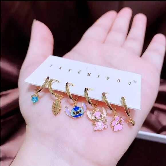 14K Gold Plated Lilo & Stutch Theme Earrings Huggie Hoop Dangle Mismatch… - Picture 2 of 6